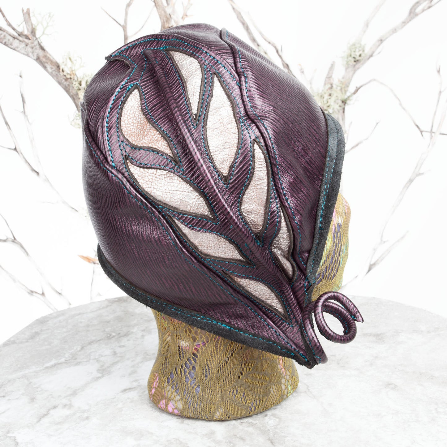 Ellowyn Leather Cloche | Purple & Pearlescent Leather with Flower | Fits a 21-21.5 Inch Head