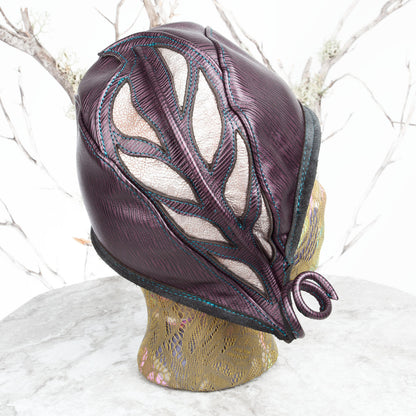 Ellowyn Leather Cloche | Purple & Pearlescent Leather with Flower | Fits a 21-21.5 Inch Head - Astral Chrysalis Designs