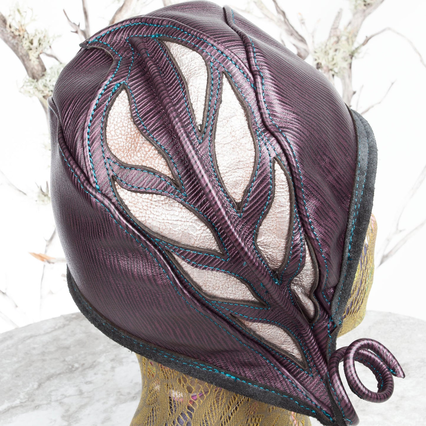 Ellowyn Leather Cloche | Purple & Pearlescent Leather with Flower | Fits a 21-21.5 Inch Head