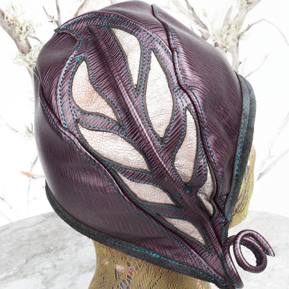 Ellowyn Leather Cloche | Purple & Pearlescent Leather with Flower | Fits a 21-21.5 Inch Head - Astral Chrysalis Designs