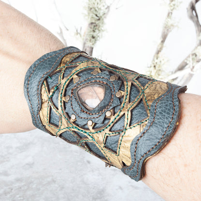 Leather Bracelet, Gemstone Bracelet, Arm Cuff, Leather Wristband, Leather Cuff, Laser Cut Leather, Triple Goddess, Elven, Labradorite, 7" - Astral Chrysalis Designs