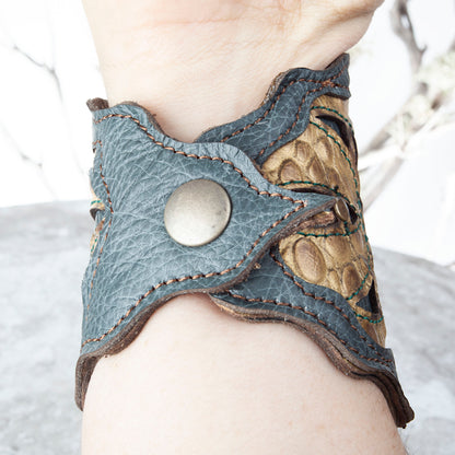 Leather Bracelet, Gemstone Bracelet, Arm Cuff, Leather Wristband, Leather Cuff, Laser Cut Leather, Triple Goddess, Elven, Labradorite, 7" - Astral Chrysalis Designs