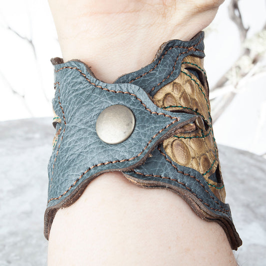 Leather Bracelet, Gemstone Bracelet, Arm Cuff, Leather Wristband, Leather Cuff, Laser Cut Leather, Triple Goddess, Elven, Labradorite, 7" - Astral Chrysalis Designs