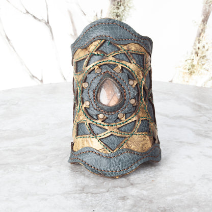 Leather Bracelet, Gemstone Bracelet, Arm Cuff, Leather Wristband, Leather Cuff, Laser Cut Leather, Triple Goddess, Elven, Labradorite, 7" - Astral Chrysalis Designs