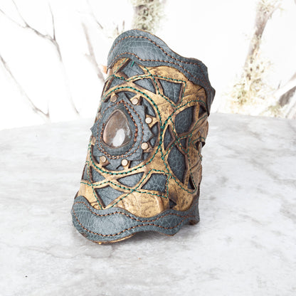 Leather Bracelet, Gemstone Bracelet, Arm Cuff, Leather Wristband, Leather Cuff, Laser Cut Leather, Triple Goddess, Elven, Labradorite, 7" - Astral Chrysalis Designs