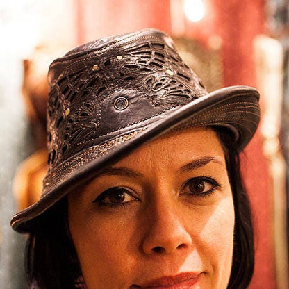 Leather Fedora | Sassafras Fedora | Filigree | Brown Alligator Print | Trilby | Adjustable Brim | Art Engraved | Burning Man | CUSTOM MADE - Astral Chrysalis Designs
