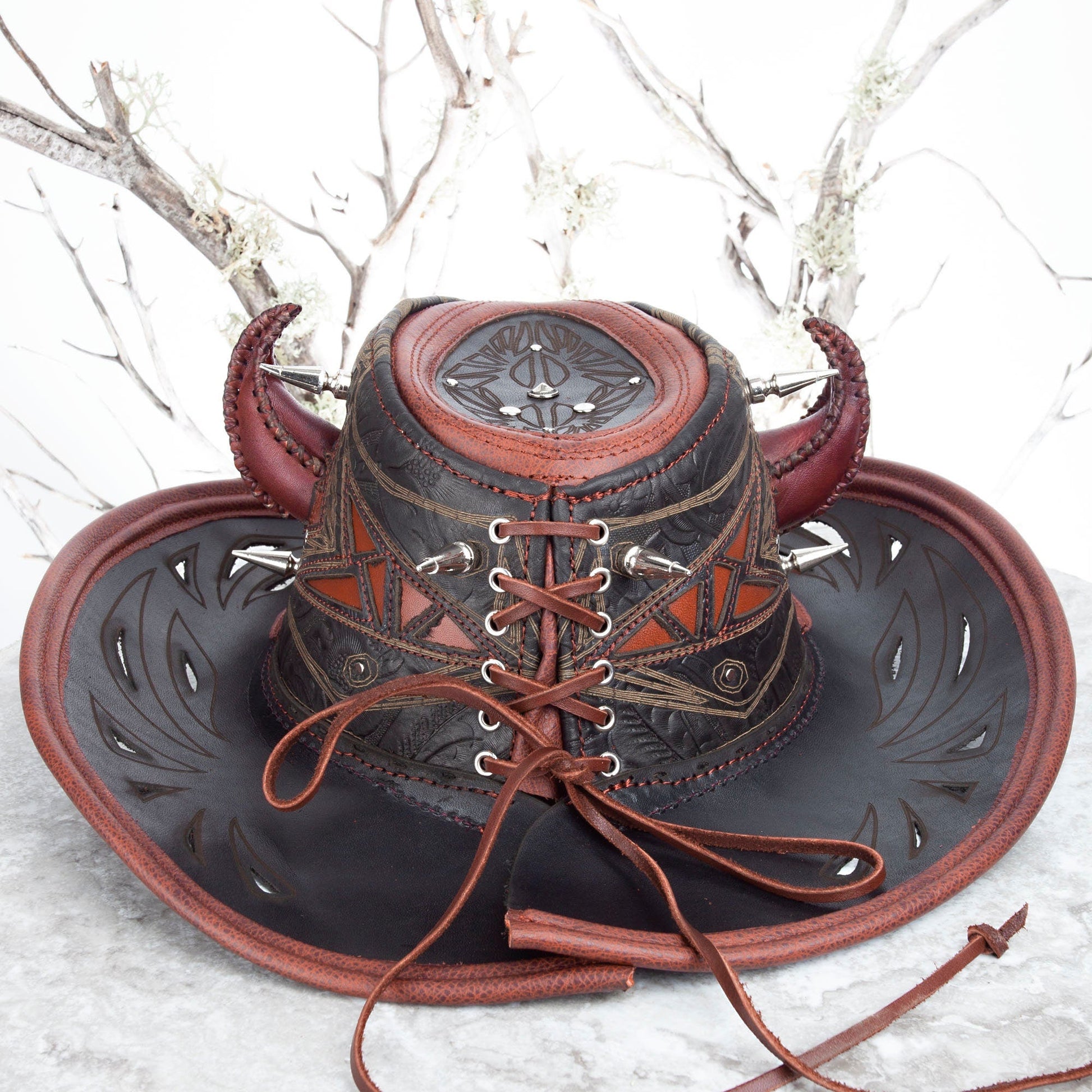 Custom Leather Cowboy Hat With Spikes & Filigree Pirate Eyepatch for Brad - Astral Chrysalis Designs