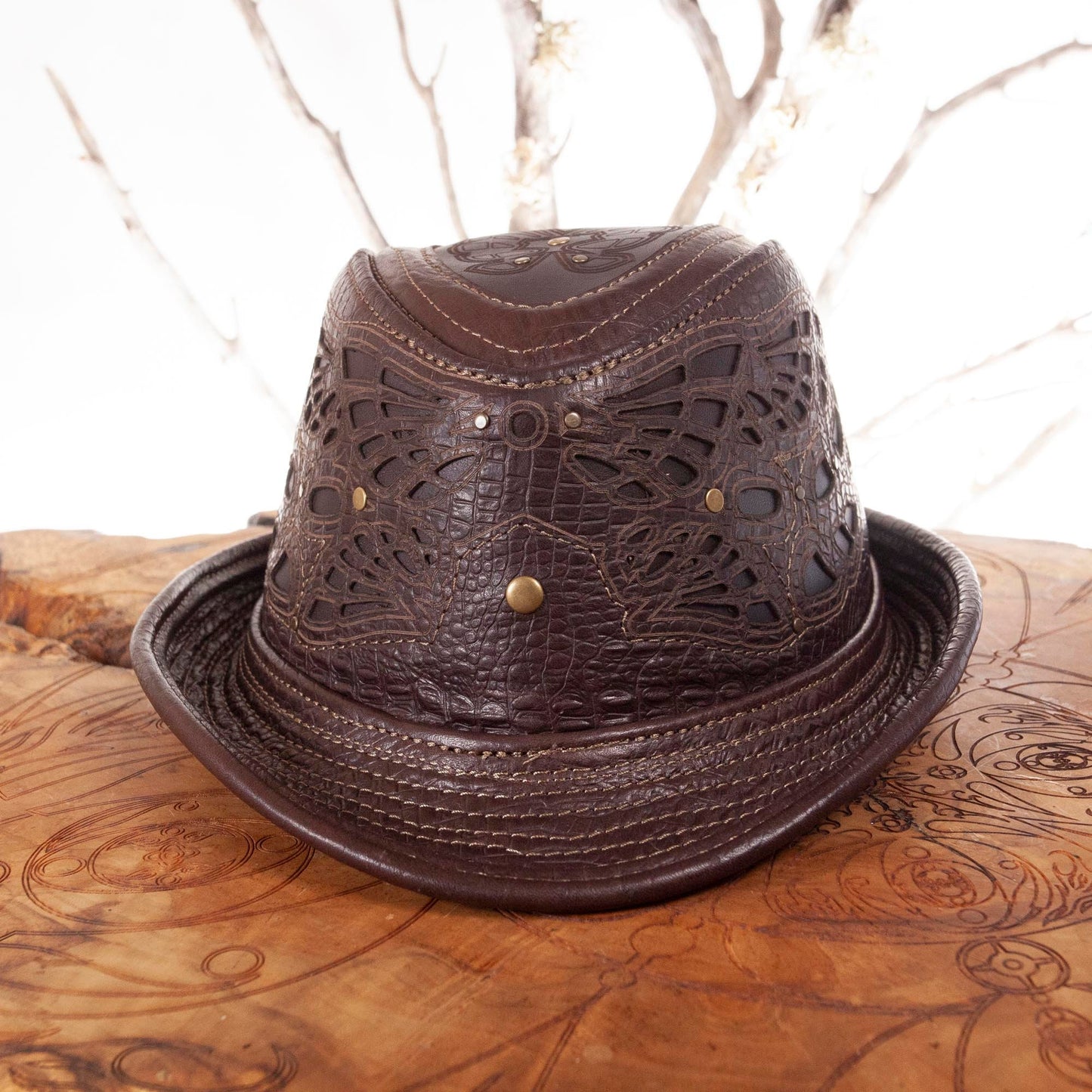 Leather Fedora | Sassafras Fedora | Filigree | Brown Alligator Print | Trilby | Adjustable Brim | Art Engraved | Burning Man | CUSTOM MADE