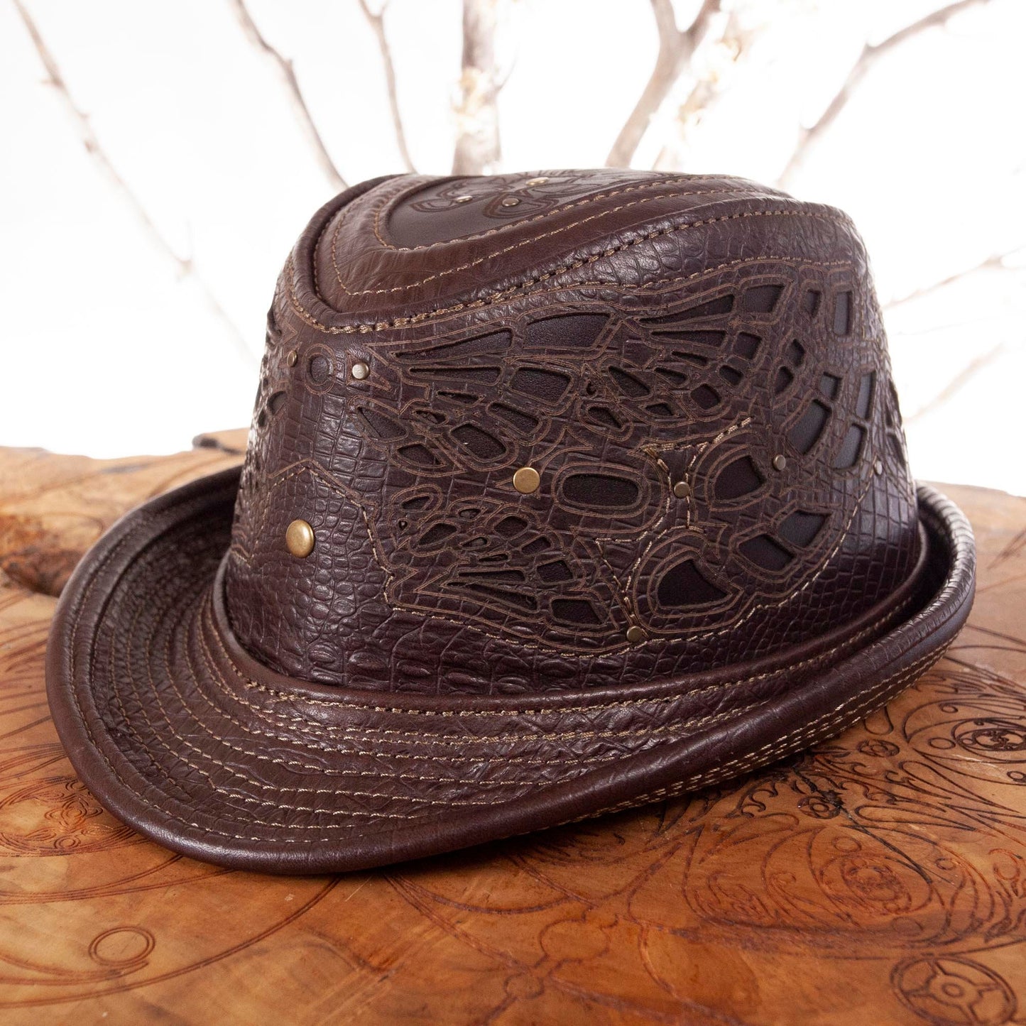 Leather Fedora | Sassafras Fedora | Filigree | Brown Alligator Print | Trilby | Adjustable Brim | Art Engraved | Burning Man | CUSTOM MADE