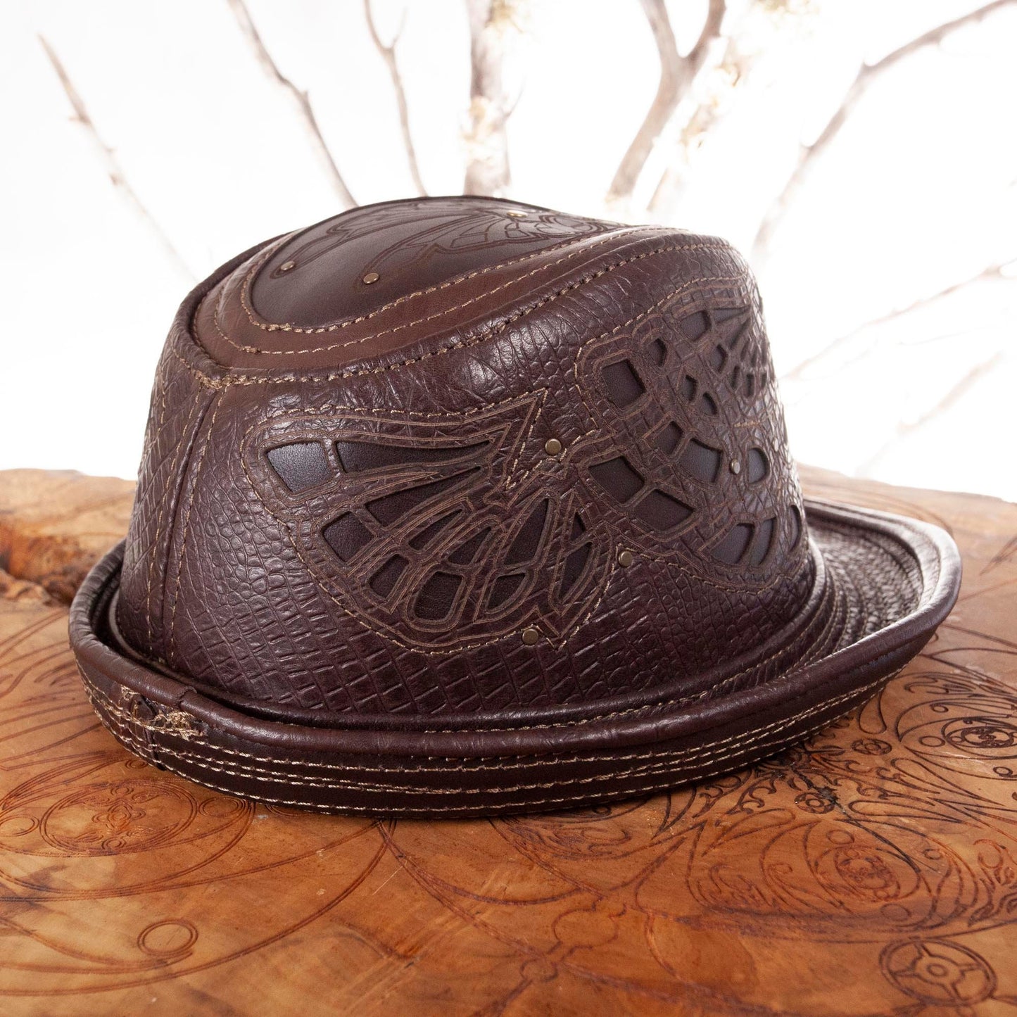 Leather Fedora | Sassafras Fedora | Filigree | Brown Alligator Print | Trilby | Adjustable Brim | Art Engraved | Burning Man | CUSTOM MADE