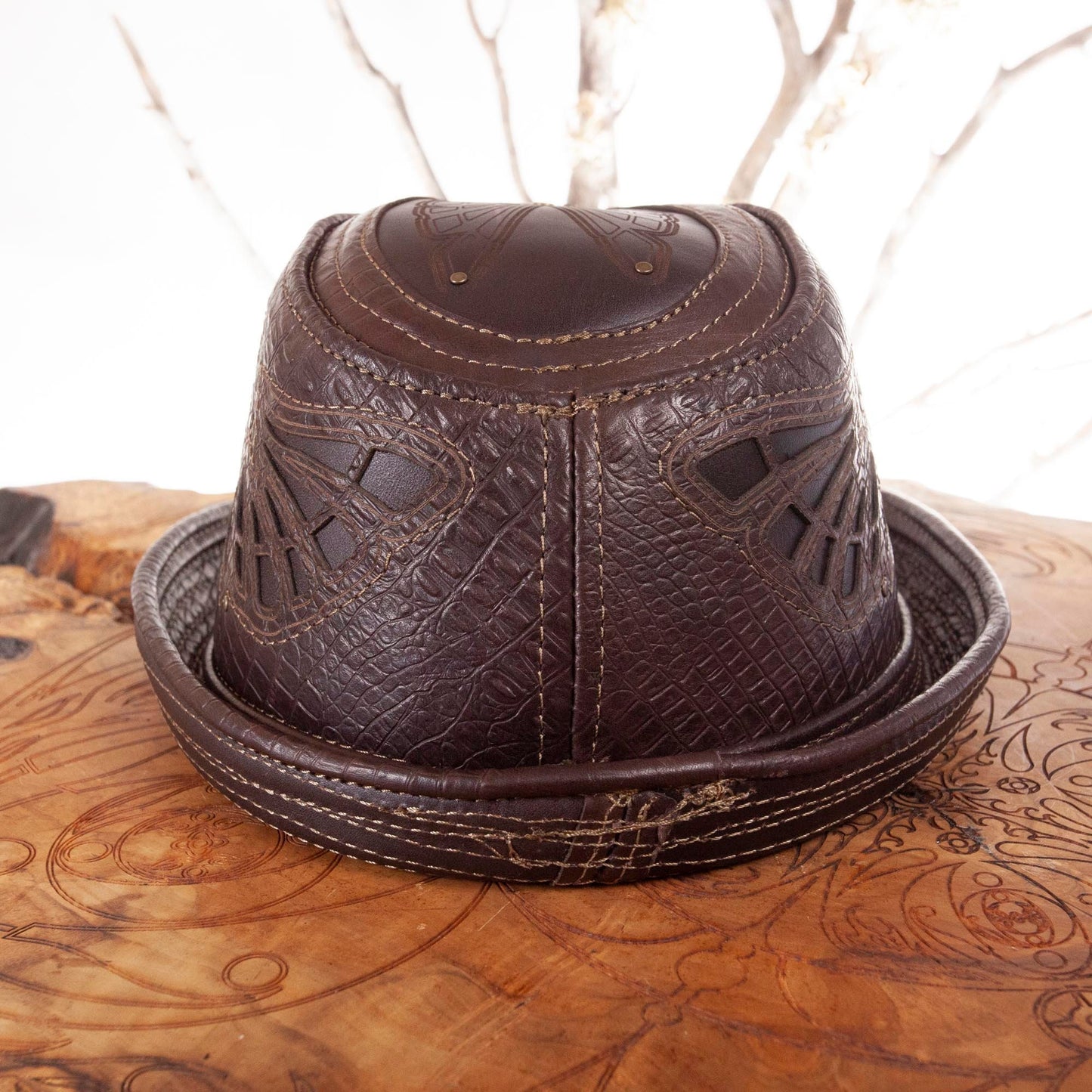 Leather Fedora | Sassafras Fedora | Filigree | Brown Alligator Print | Trilby | Adjustable Brim | Art Engraved | Burning Man | CUSTOM MADE