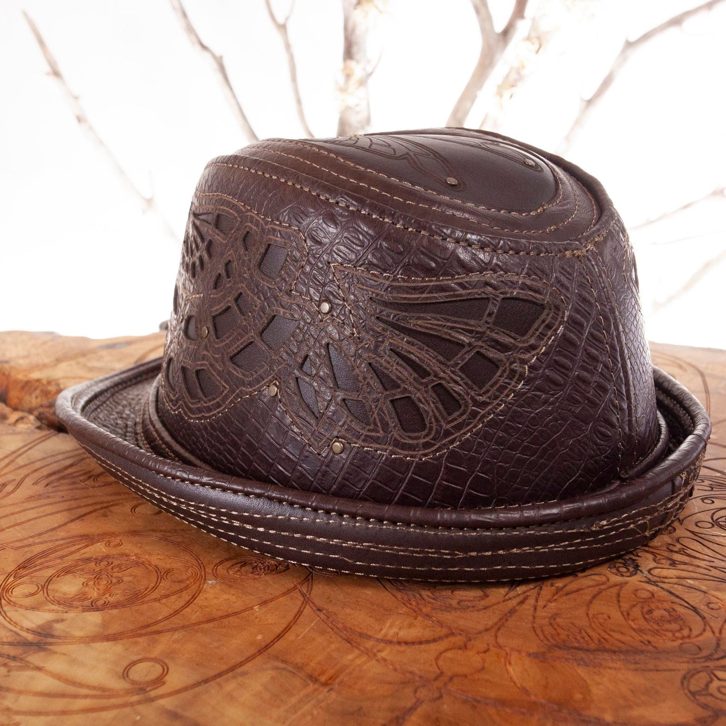 Leather Fedora | Sassafras Fedora | Filigree | Brown Alligator Print | Trilby | Adjustable Brim | Art Engraved | Burning Man | CUSTOM MADE