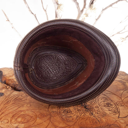 Leather Fedora | Sassafras Fedora | Filigree | Brown Alligator Print | Trilby | Adjustable Brim | Art Engraved | Burning Man | CUSTOM MADE - Astral Chrysalis Designs