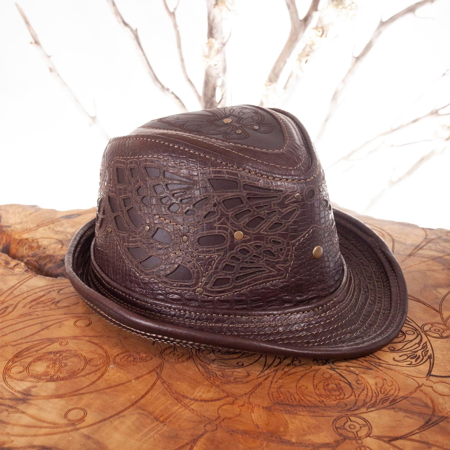 Leather Fedora | Sassafras Fedora | Filigree | Brown Alligator Print | Trilby | Adjustable Brim | Art Engraved | Burning Man | CUSTOM MADE